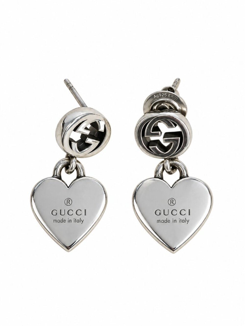 Gucci Interlocking GG Sterling Silver Heart Drop Earrings with Monogram Pouch